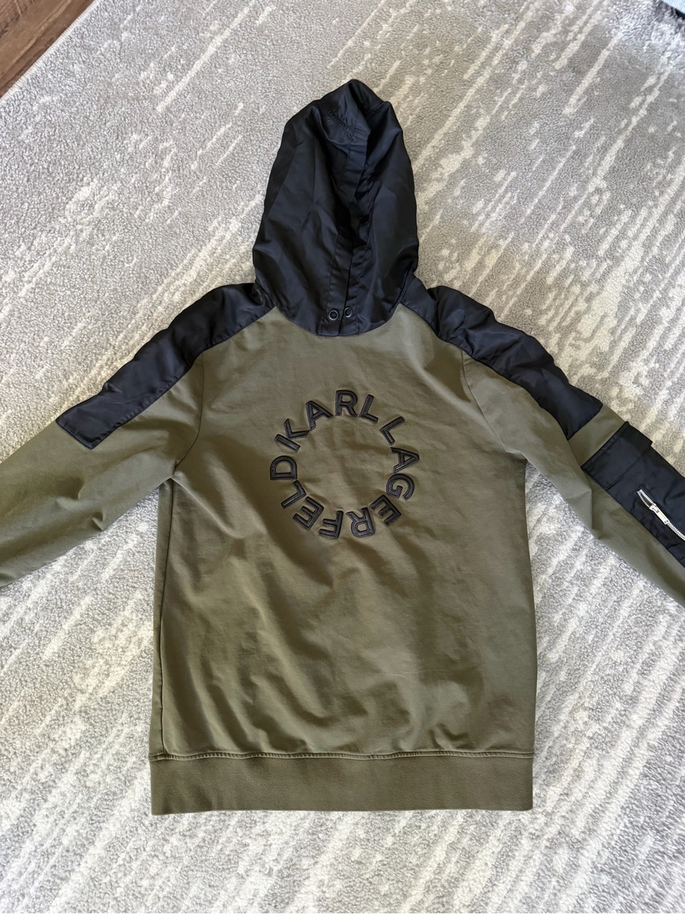 Karl Lagerfeld Olive Green and Black Hooded Pullover Jacket